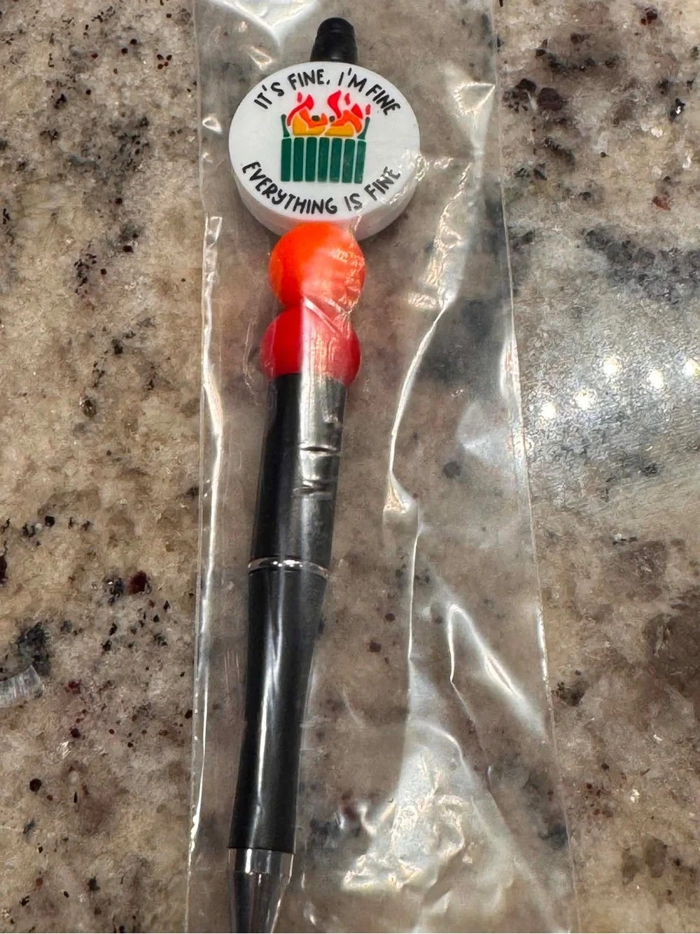 Hand Crafted Black Pen with Red-Orange Accent and 'Everything Is Fine' Top